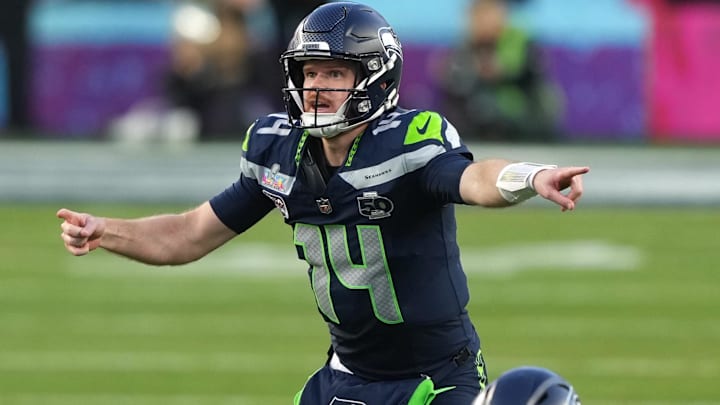 Seattle Seahawks quarterback Sam Darnold gestures during the second quarter in Super Bowl LX. Seattle Seahawks quarterback Sam Darnold gestures during the second quarter in Super Bowl LX.
