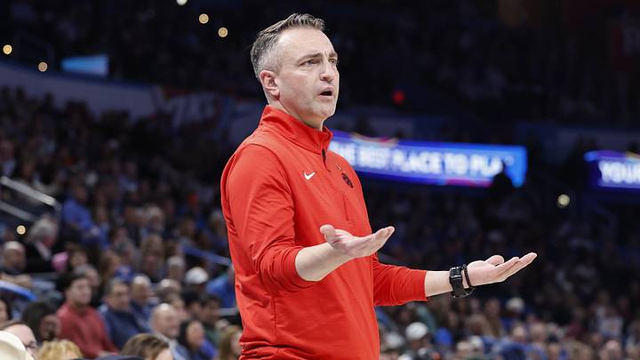 Feb 7, 2025; Oklahoma City, Oklahoma, USA; Toronto Raptors head coach Darko Rajakovic reacts after a play against the Oklahoma City Thunder during the second half at Paycom Center. Mandatory Credit: Alonzo Adams-Imagn Images