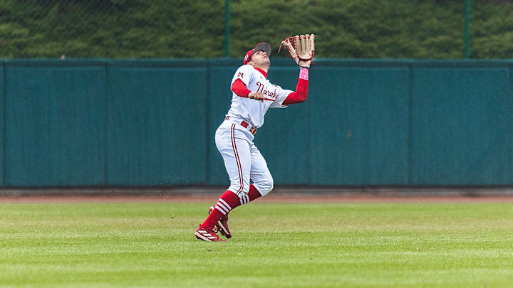 Nebraska center fielder Riley Silva tracks a ball against No. 5 Oregon State at Haymarket Park on March 29, 2025.