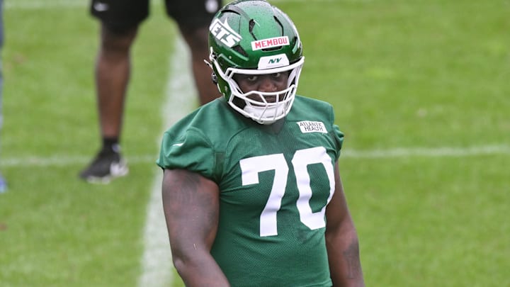 Jun 10, 2025; East Rutherford, NJ, USA; New York Jets offensive tackle Armand Membou (70) looks on during minicamp at Atlantic Health Jets Training Center. Mandatory Credit: John Jones-Imagn Images