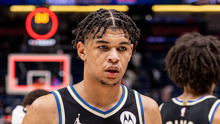 Milwaukee Bucks forward Ousmane Dieng (21) walks off the court after a win against the New Orleans Pelicans at Smoothie King Center on February 20, 2026.