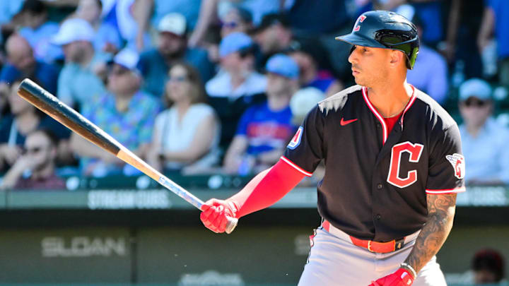 Feb 27, 2026; Mesa, Arizona, USA; Cleveland Guardians shortstop Brayan Rocchio (4) takes an at bat in the first inning against the Chicago Cubs at Sloan Park. Mandatory Credit: Matt Kartozian-Imagn Images Feb 27, 2026; Mesa, Arizona, USA; Cleveland Guardians shortstop Brayan Rocchio (4) takes an at bat in the first inning against the Chicago Cubs at Sloan Park. Mandatory Credit: Matt Kartozian-Imagn Images