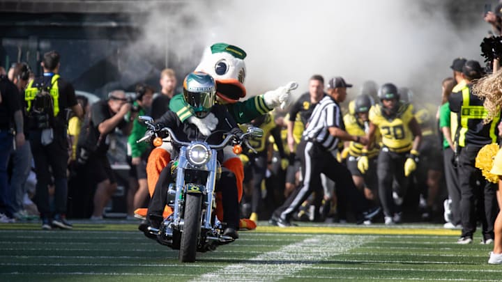 The Duck takes to the field as the No. 1 Oregon Ducks host the No. 21 Illinois Fighting Illini Saturday, Oct. 26, 2024 at Autzen Stadium in Eugene, Ore. The Duck takes to the field as the No. 1 Oregon Ducks host the No. 21 Illinois Fighting Illini Saturday, Oct. 26, 2024 at Autzen Stadium in Eugene, Ore.