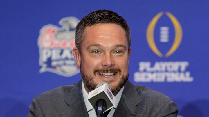 Oregon head coach Dan Lanning speaks during the head coaches’ press conference ahead of the Peach Bowl at the College Football Hall of Fame in Atlanta, Georgia, on Jan. 8, 2026.