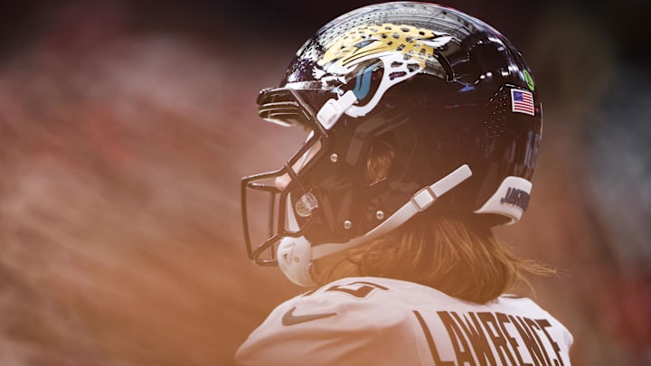 Nov 9, 2025; Houston, Texas, USA; Jacksonville Jaguars quarterback Trevor Lawrence (16) stands on the sideline during the game against the Houston Texans at NRG Stadium. Mandatory Credit: Troy Taormina-Imagn Images