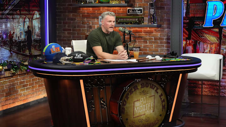 Feb 7, 2025; New Orleans, LA, USA; Pat McAfee on the Pat McAfee Show set on Radio Row at the Super Bowl LIX media center. Mandatory Credit: Kirby Lee-Imagn Images