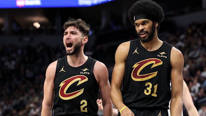Jan 18, 2025; Minneapolis, Minnesota, USA; Cleveland Cavaliers guard Ty Jerome (2) celebrates his basket during the third quarter against the Minnesota Timberwolves at Target Center. Mandatory Credit: Matt Krohn-Imagn Images