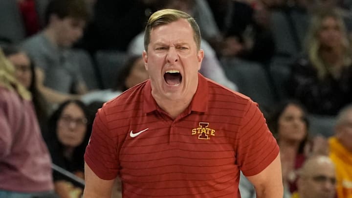 Nov 25, 2025; Las Vegas, Nevada, USA; Iowa State Cyclones head coach T.J. Otzelberger reacts during the second half in a 2025 Players Era Festival group play game against the Creighton Bluejays at Michelob Ultra Arena. Nov 25, 2025; Las Vegas, Nevada, USA; Iowa State Cyclones head coach T.J. Otzelberger reacts during the second half in a 2025 Players Era Festival group play game against the Creighton Bluejays at Michelob Ultra Arena.