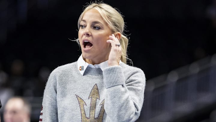 Mar 6, 2026; Kansas City, MO, USA; Arizona State head coach Molly Miller reacts to a play against West Virginia during the first half at T-Mobile Center. Mandatory Credit: Nick Tre. Smith-Imagn Images
