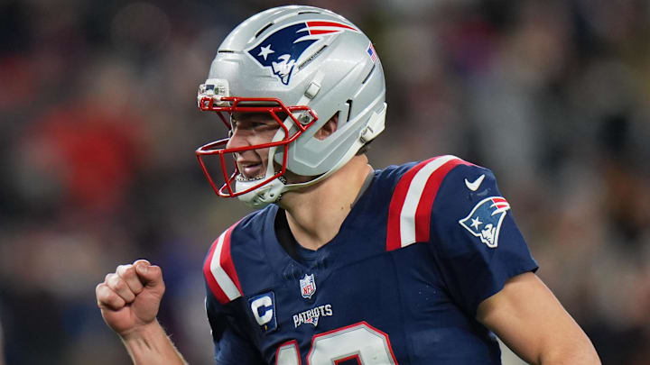 Jan 4, 2026; Foxborough, Massachusetts, USA; New England Patriots quarterback Drake Maye (10) reacts against the Miami Dolphins during the second half at Gillette Stadium. Mandatory Credit: David Butler II-Imagn Images