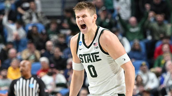Mar 19, 2026; Buffalo, NY, USA; Michigan State Spartans forward Jaxon Kohler (0) reacts to a play during the first half against the North Dakota State Bison during a first round game of the men's 2026 NCAA Tournament at Keybank Center. Mandatory Credit: Mark Konezny-Imagn Images Mar 19, 2026; Buffalo, NY, USA; Michigan State Spartans forward Jaxon Kohler (0) reacts to a play during the first half against the North Dakota State Bison during a first round game of the men's 2026 NCAA Tournament at Keybank Center. Mandatory Credit: Mark Konezny-Imagn Images