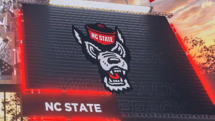 Oct 11, 2025; South Bend, Indiana, USA; Notre Dame Fighting Irish and NC State Wolfpack logos on the scoreboard before the matchup at Notre Dame Stadium. Mandatory Credit: Michael Caterina-Imagn Images