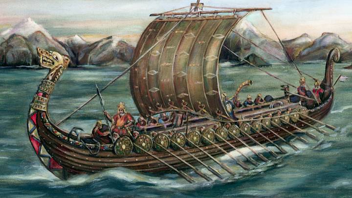 Illustration of a Viking Trading Ship Leaving Norway for an Expedition