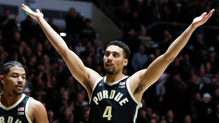 Purdue Boilermakers forward Trey Kaufman-Renn (4) pumps up the crowd 