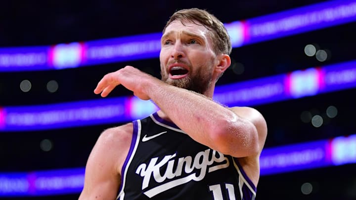 Dec 28, 2024; Los Angeles, California, USA; Sacramento Kings forward Domantas Sabonis (11) reacts after being called for a foul during the second half at Crypto.com Arena.