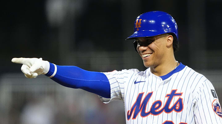 Aug 17, 2025; Williamsport, Pennsylvania, USA; New York Mets outfielder Juan Soto (22) reacts after being walked against the Seattle Mariners in the third inning at Journey Bank Ballpark at Historic Bowman Field. Mandatory Credit: Kyle Ross-Imagn Images