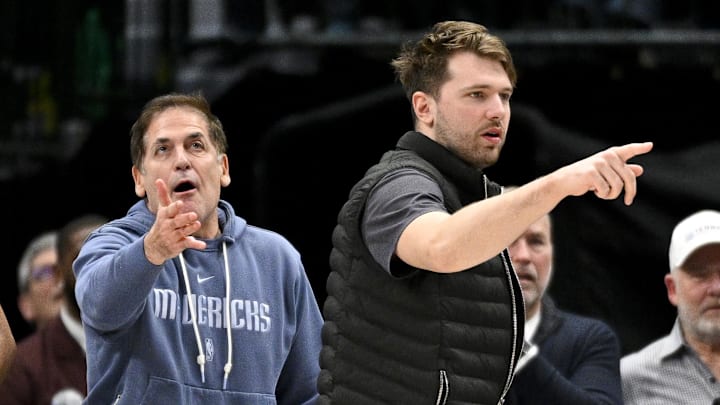Jan 15, 2024; Dallas, Texas, USA; Dallas Mavericks guard Luka Doncic (right) and Mark Cuban (left) argue a call during the second half of the game against the New Orleans Pelicans at the American Airlines Center. Mandatory Credit: Jerome Miron-Imagn Images