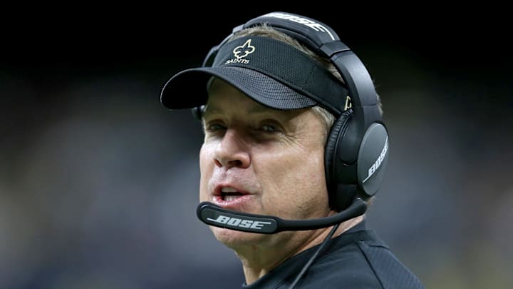 Jan 2, 2022; New Orleans, Louisiana, USA; New Orleans Saints head coach Sean Payton on the sidelines in the second half against the Carolina Panthers at the Caesars Superdome. The Saints won, 18-10. Mandatory Credit: Chuck Cook-Imagn Images
