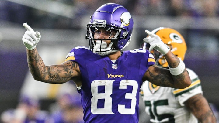 Dec 29, 2024; Minneapolis, Minnesota, USA; Minnesota Vikings wide receiver Jalen Nailor (83) reacts during the first quarter after a catch against the Green Bay Packers at U.S. Bank Stadium. Mandatory Credit: Jeffrey Becker-Imagn Images