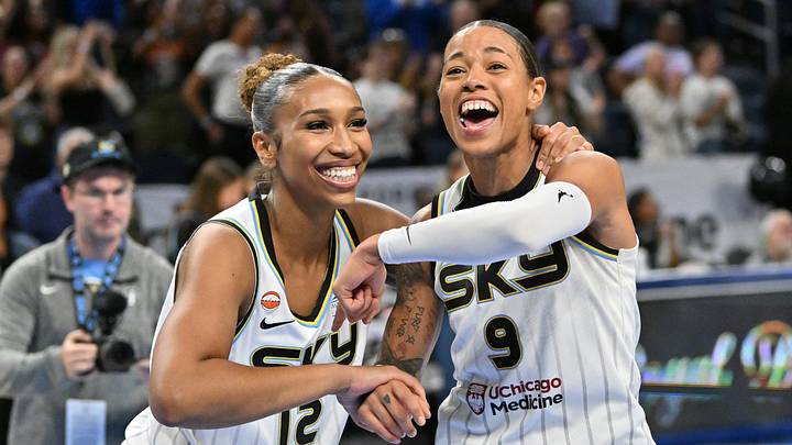 Chicago, Illinois, USA; Chicago Sky guard Sydney Taylor (12) celebrates the game-winning three-point shot with guard Natasha Cloud (9) against the Golden State Valkyries after the game at the Wintrust Arena on August 21, 2026. Chicago, Illinois, USA; Chicago Sky guard Sydney Taylor (12) celebrates the game-winning three-point shot with guard Natasha Cloud (9) against the Golden State Valkyries after the game at the Wintrust Arena on August 21, 2026.