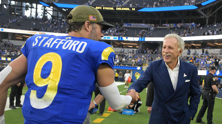 Nov 2, 2025; Inglewood, California, USA; Los Angeles Rams quarterback Matthew Stafford (9) shakes the hand of Los Angeles Rams owner Stan Kroenke following a game against the New Orleans Saints at SoFi Stadium. Mandatory Credit: Jayne Kamin-Oncea-Imagn Images