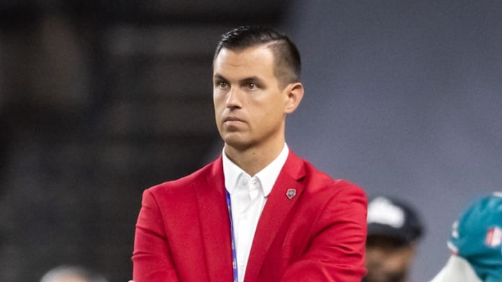 Dec 26, 2025; Phoenix, AZ, USA; New Mexico Lobos athletic director Fernando Lovo against the Minnesota Golden Gophers during the Rate Bowl at Chase Field. Mandatory Credit: Mark J. Rebilas-Imagn Images