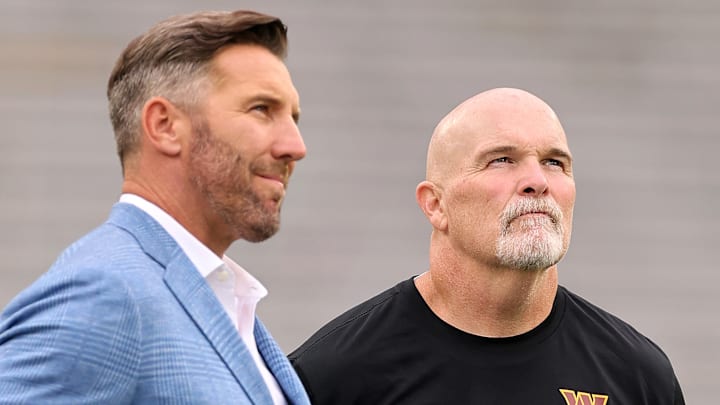 Washington Commanders general manager Adam Peters and head coach Dan Quinn