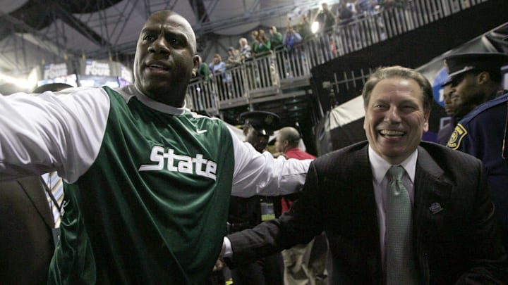 Former Michigan State player Magic Johnson and coach Tom Izzo leave the game after the team beat Connecticut 82-73  in the NCAA Final Four game at Ford Field on Saturday, April 4, 2009 in Detroit.

Ncaa 040409 Mw322