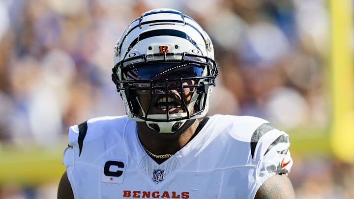 Oct 27, 2024; Cincinnati, Ohio, USA; Cincinnati Bengals offensive tackle Orlando Brown Jr. (75) runs onto the field before the game against the Philadelphia Eagles at Paycor Stadium. Mandatory Credit: Katie Stratman-Imagn Images