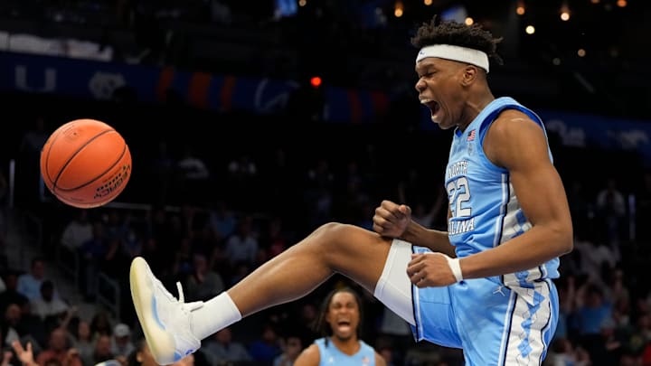 Mar 13, 2025; Charlotte, NC, USA; North Carolina Tar Heels forward Ven-Allen Lubin (22) reacts after scoring late in the second half at Spectrum Center. Mandatory Credit: Bob Donnan-Imagn Images