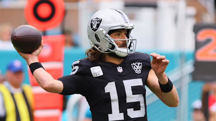 Nov 17, 2024; Miami Gardens, Florida, USA; Las Vegas Raiders quarterback Gardner Minshew (15) throws the football against the Miami Dolphins during the third quarter at Hard Rock Stadium. Mandatory Credit: Sam Navarro-Imagn Images Nov 17, 2024; Miami Gardens, Florida, USA; Las Vegas Raiders quarterback Gardner Minshew (15) throws the football against the Miami Dolphins during the third quarter at Hard Rock Stadium. Mandatory Credit: Sam Navarro-Imagn Images