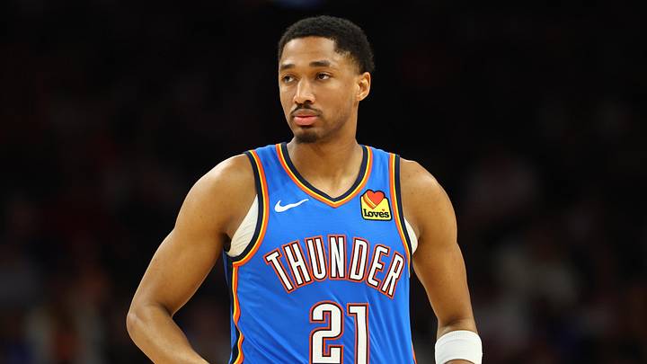 Apr 27, 2026; Phoenix, Arizona, USA; Oklahoma City Thunder guard Aaron Wiggins (21) against the Phoenix Suns during game four of the first round of the 2026 NBA Playoffs at Mortgage Matchup Center. Mandatory Credit: Mark J. Rebilas-Imagn Images