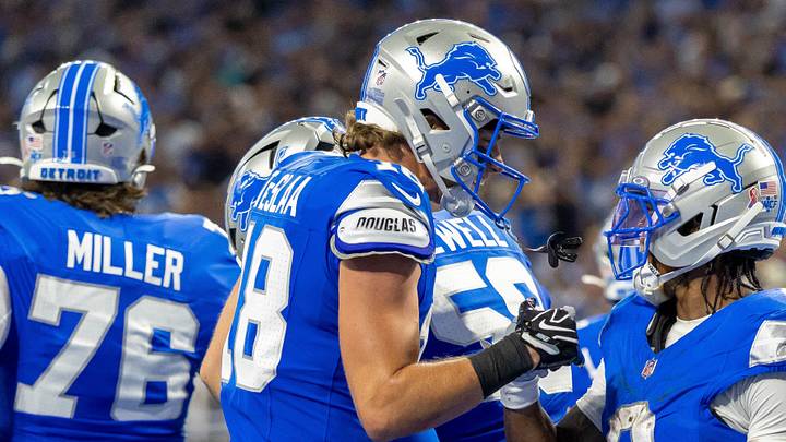 Detroit Lions running back Jahmyr Gibbs (0) celebrates his touchdown run with WR Isaac TeSlaa (18) Detroit Lions running back Jahmyr Gibbs (0) celebrates his touchdown run with WR Isaac TeSlaa (18)