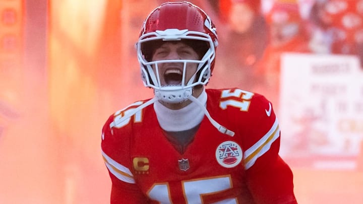 Jan 26, 2025; Kansas City, MO, USA; Kansas City Chiefs quarterback Patrick Mahomes (15) reacts as he runs onto the field prior to the game against the Buffalo Bills in the AFC Championship game at GEHA Field at Arrowhead Stadium. Mandatory Credit: Mark J. Rebilas-Imagn Images