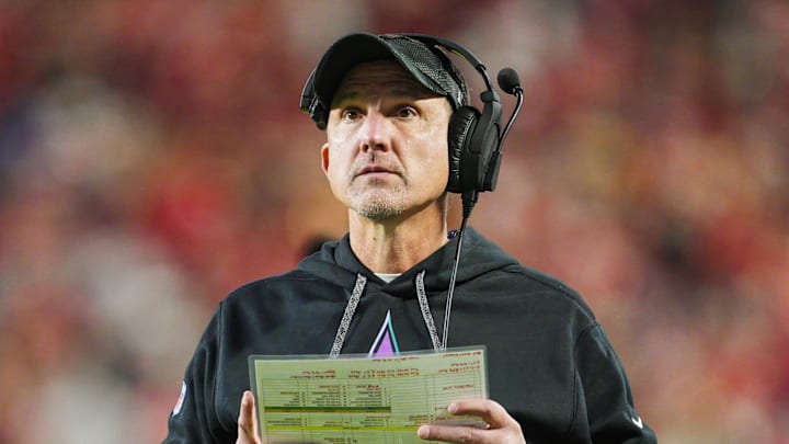 Oct 7, 2024; Kansas City, Missouri, USA; New Orleans Saints head coach Dennis Allen reacts during the second half against the Kansas City Chiefs at GEHA Field at Arrowhead Stadium. Mandatory Credit: Jay Biggerstaff-Imagn Images