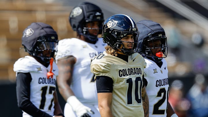 Apr 19, 2025; Boulder, CO, USA; Colorado Buffaloes quarterback Julian Lewis (10) during the spring game at Folsom Field. Mandatory Credit: Isaiah J. Downing-Imagn Images