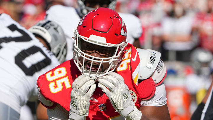 Oct 19, 2025; Kansas City, Missouri, USA; Kansas City Chiefs defensive end Chris Jones (95) celebrates after a sack against the Las Vegas Raiders during the third quarter of the game at GEHA Field at Arrowhead Stadium. Mandatory Credit: Denny Medley-Imagn Images