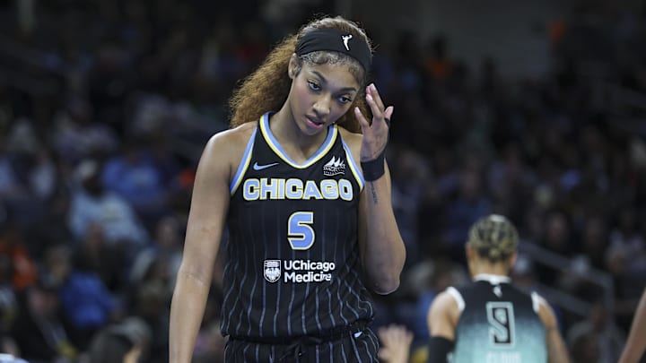 May 22, 2025; Chicago, Illinois, USA; Chicago Sky forward Angel Reese (5) reacts during the first half agaisnt the New York Liberty at Wintrust Arena. Mandatory Credit: Kamil Krzaczynski-Imagn Images