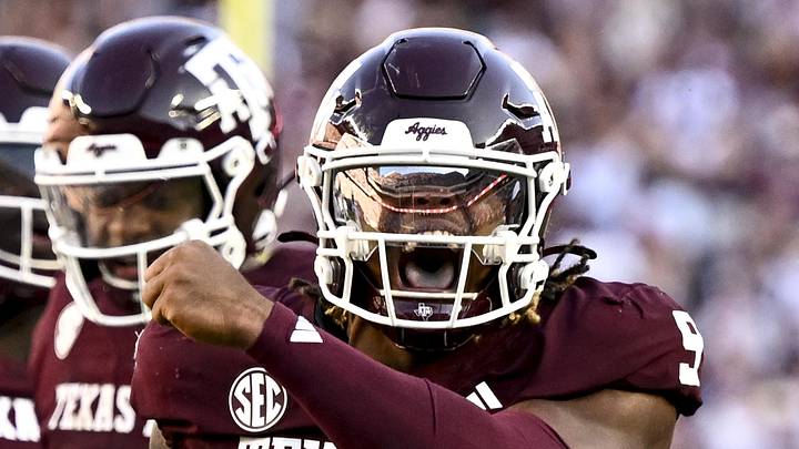 Sep 27, 2025; College Station, Texas, USA; Texas A&M Aggies defensive end Cashius Howell (9) reacts after a sack during the fourth quarter against the Auburn Tigers at Kyle Field. Mandatory Credit: Maria Lysaker-Imagn Images Sep 27, 2025; College Station, Texas, USA; Texas A&M Aggies defensive end Cashius Howell (9) reacts after a sack during the fourth quarter against the Auburn Tigers at Kyle Field. Mandatory Credit: Maria Lysaker-Imagn Images