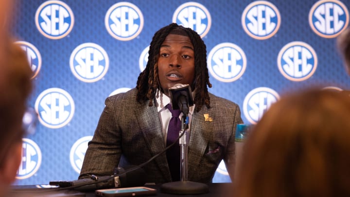 Jul 15, 2024; Dallas, TX, USA; LSU linebacker Harold Perkins speaking to the media at Omni Dallas Hotel. 