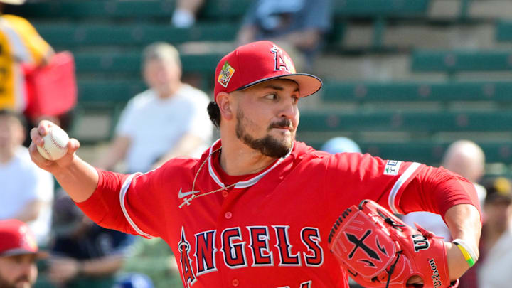 Feb 23, 2026; Tempe, Arizona, USA;  Los Angeles Angels pitcher Chris Cortez (71) throws in the first inning against the Texas Rangers during a spring training game at Tempe Diablo Stadium. Mandatory Credit: Matt Kartozian-Imagn Images