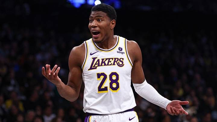 Mar 31, 2024; Brooklyn, New York, USA; Los Angeles Lakers forward Rui Hachimura (28) reacts during the first half against the Brooklyn Nets at Barclays Center. Mandatory Credit: Vincent Carchietta-USA TODAY Sports Mar 31, 2024; Brooklyn, New York, USA; Los Angeles Lakers forward Rui Hachimura (28) reacts during the first half against the Brooklyn Nets at Barclays Center. Mandatory Credit: Vincent Carchietta-USA TODAY Sports