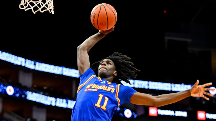 Apr 2, 2024; Houston, TX, USA; McDonald's All American East forward Ian Jackson (11) dunks the ball during the first half against the McDonald's All American West at Toyota Center. Mandatory Credit: Maria Lysaker-USA TODAY Sports