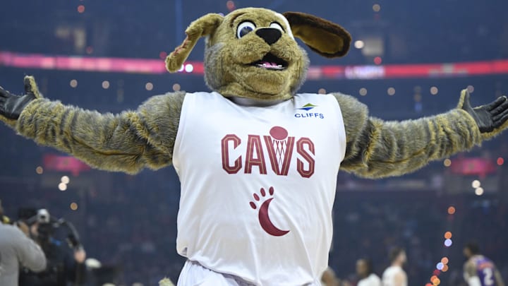 Jan 20, 2025; Cleveland, Ohio, USA; Cleveland Cavaliers mascot Moondog performs before a game against the Phoenix Suns at Rocket Mortgage FieldHouse. Mandatory Credit: David Richard-Imagn Images