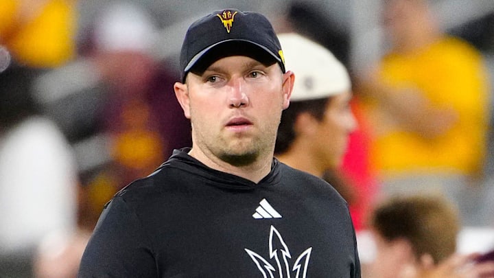 Arizona State head coach Kenny Dillingham walks the field prior to a game against Arizona at Mountain America Stadium in Tempe, on Nov. 28, 2025.