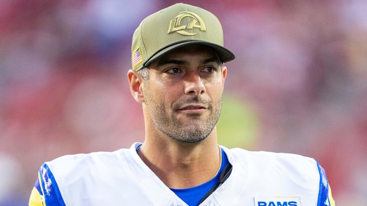 November 9, 2025; Santa Clara, California, USA; Los Angeles Rams quarterback Jimmy Garoppolo (11) after the game against the San Francisco 49ers at Levi's Stadium. Mandatory Credit: Kyle Terada-Imagn Images