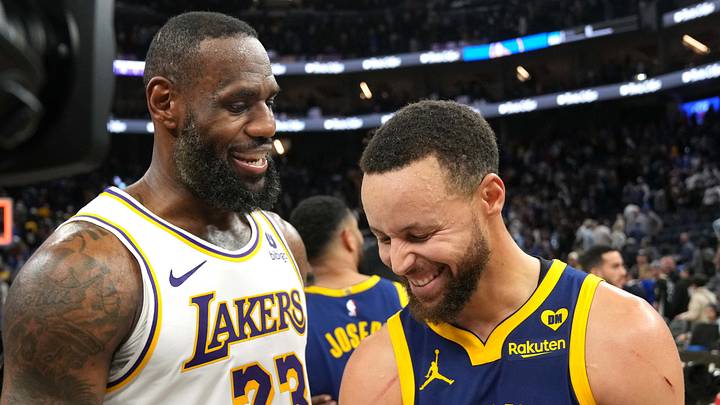 Los Angeles Lakers forward LeBron James (23) and Golden State Warriors guard Stephen Curry (right) talk after the game at Chase Center. Los Angeles Lakers forward LeBron James (23) and Golden State Warriors guard Stephen Curry (right) talk after the game at Chase Center.
