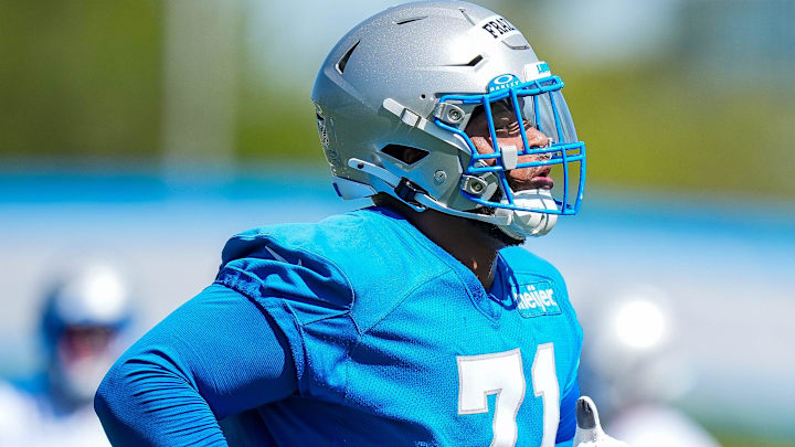 Detroit Lions offensive lineman Miles Frazier (71) practices during rookie mini camp at Meijer Performance Center in Allen Park on Friday, May 9, 2025. Detroit Lions offensive lineman Miles Frazier (71) practices during rookie mini camp at Meijer Performance Center in Allen Park on Friday, May 9, 2025.