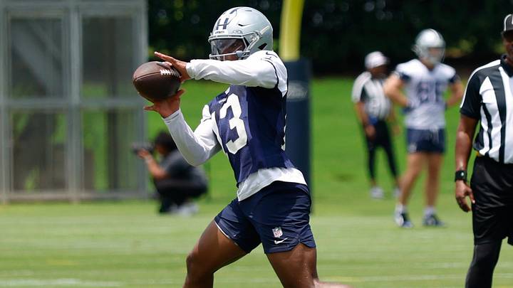 Dallas Cowboys safety Caleb Downs goes through a drill during practice at the Ford Center at the Star Training Facility. Dallas Cowboys safety Caleb Downs goes through a drill during practice at the Ford Center at the Star Training Facility.