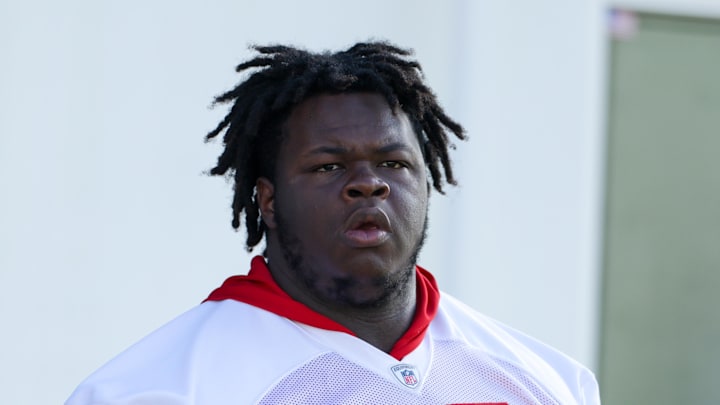 Tampa Bay Buccaneers defensive tackle Desmond Watson (56) looks on before training camp.
